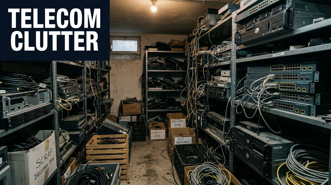 A cluttered storage room filled with old telecommunications equipment, networking switches, and various tangled cables in cardboard boxes.