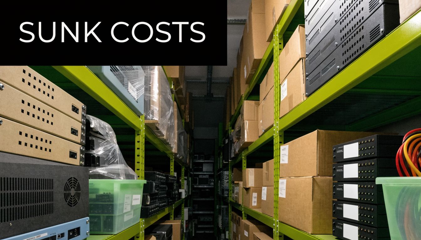 Shelves filled with various electronic equipment and cardboard boxes in a dark, organized warehouse storage facility.
