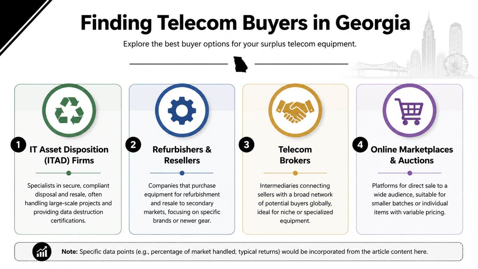 An infographic titled Finding Telecom Buyers in Georgia, outlining four ways to sell surplus telecom equipment.