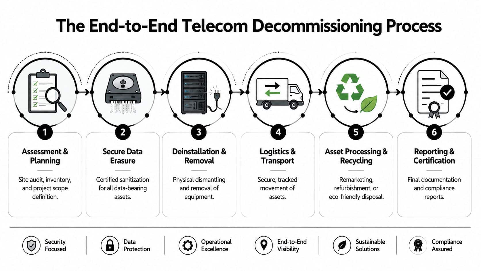 A six-step infographic illustrating the comprehensive end-to-end telecom decommissioning process from initial assessment to final reporting.