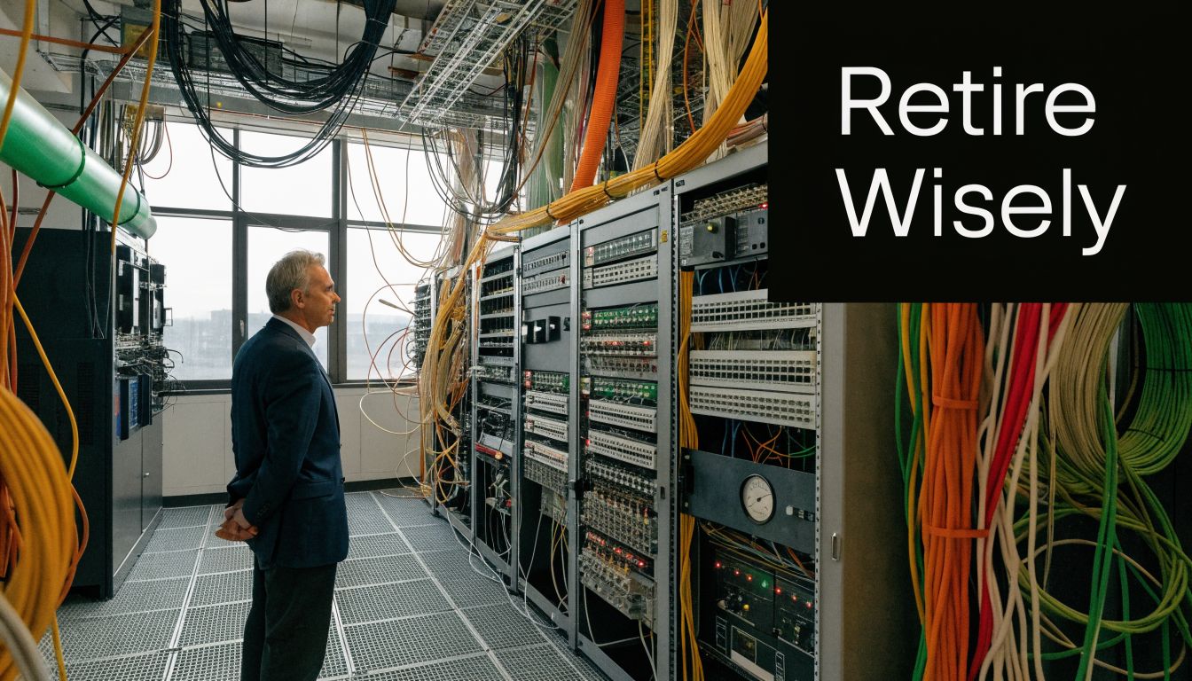 A professional in a suit inspecting server room equipment and wiring during a telecom infrastructure project.