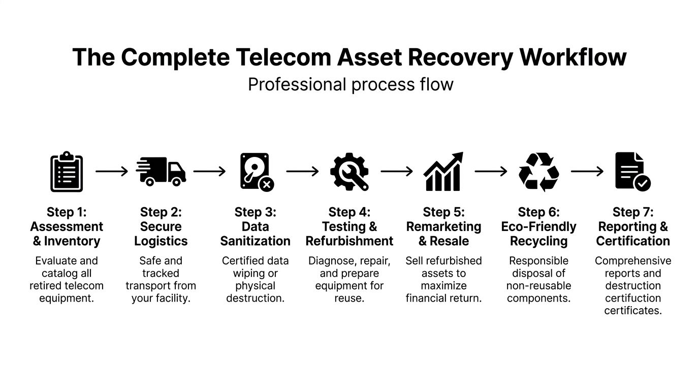 A seven-step process diagram illustrating the professional workflow for recovering and recycling retired telecom equipment assets.
