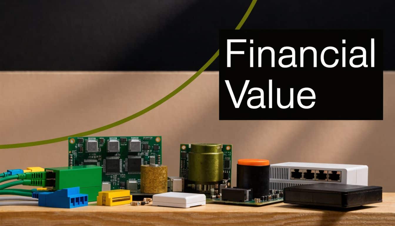 A collection of networking hardware, circuit boards, and electronic components arranged on a wooden table.