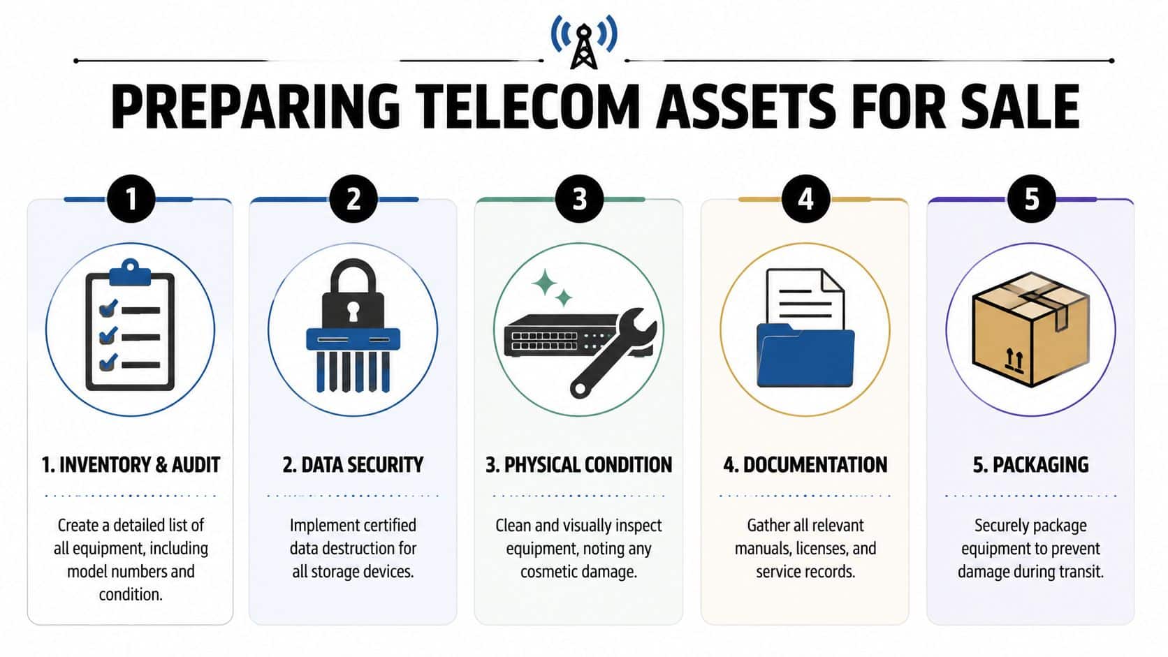 A five-step infographic guide detailing the process for preparing telecom equipment for sale and transport.