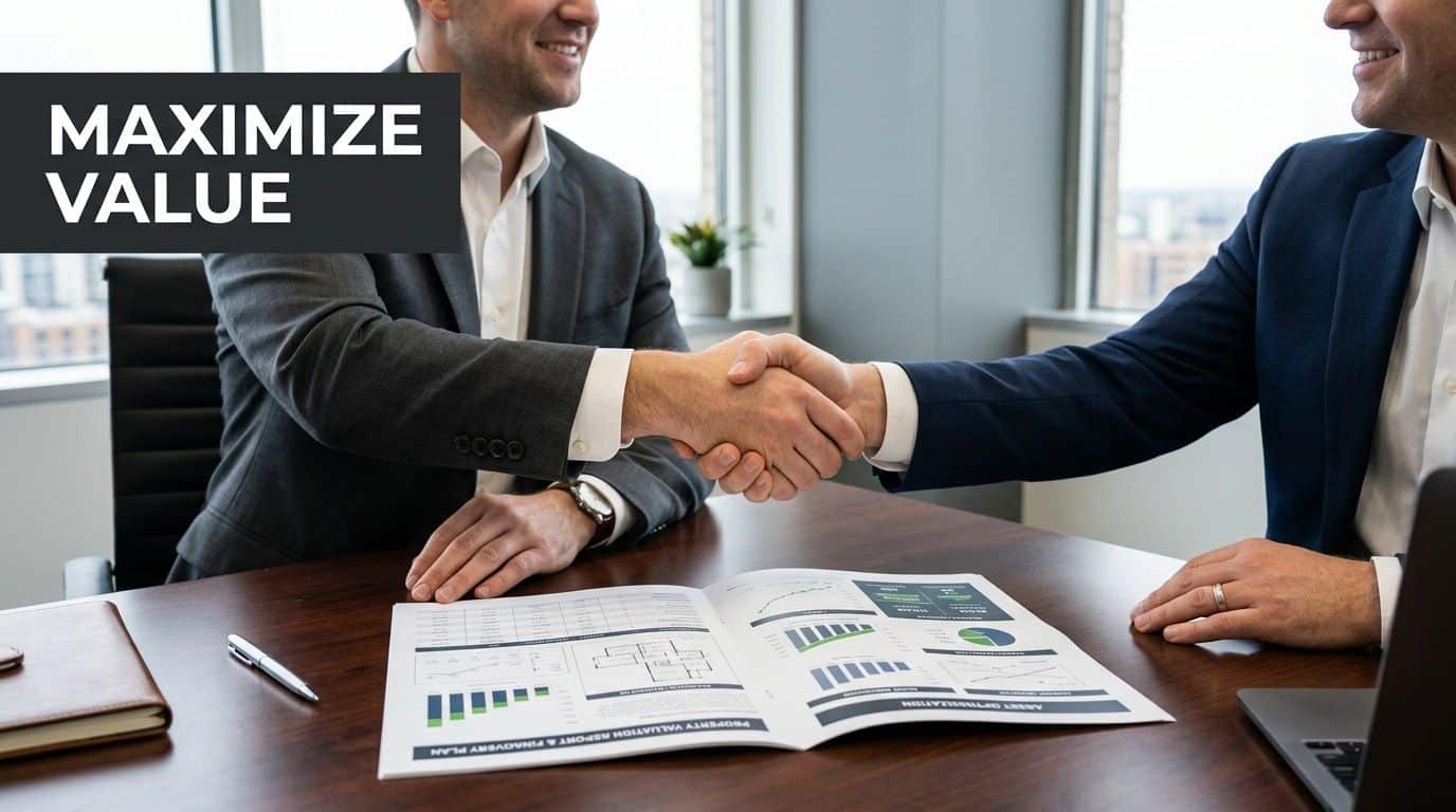 Two professional business men in suits shaking hands over a meeting table with financial analysis documents.