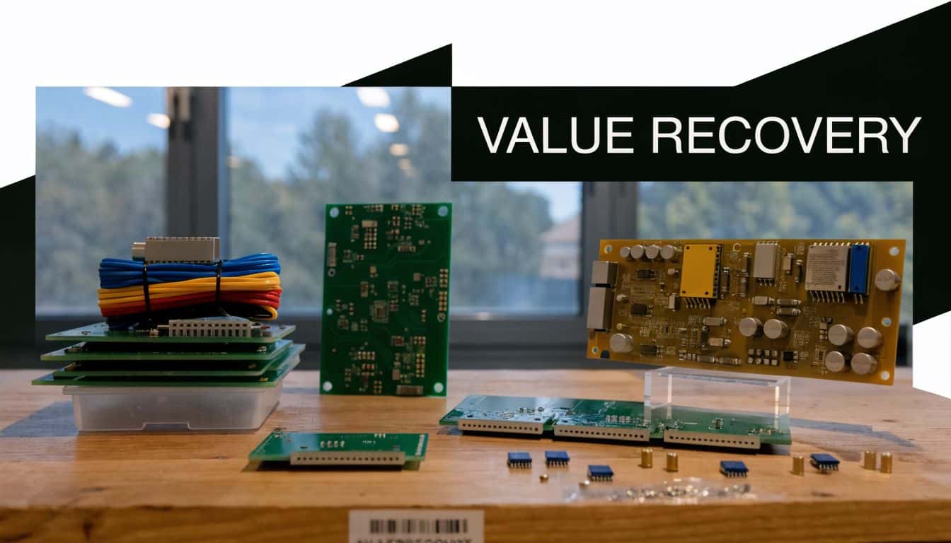 A collection of assorted green electronic circuit boards and wiring components on a wooden surface.
