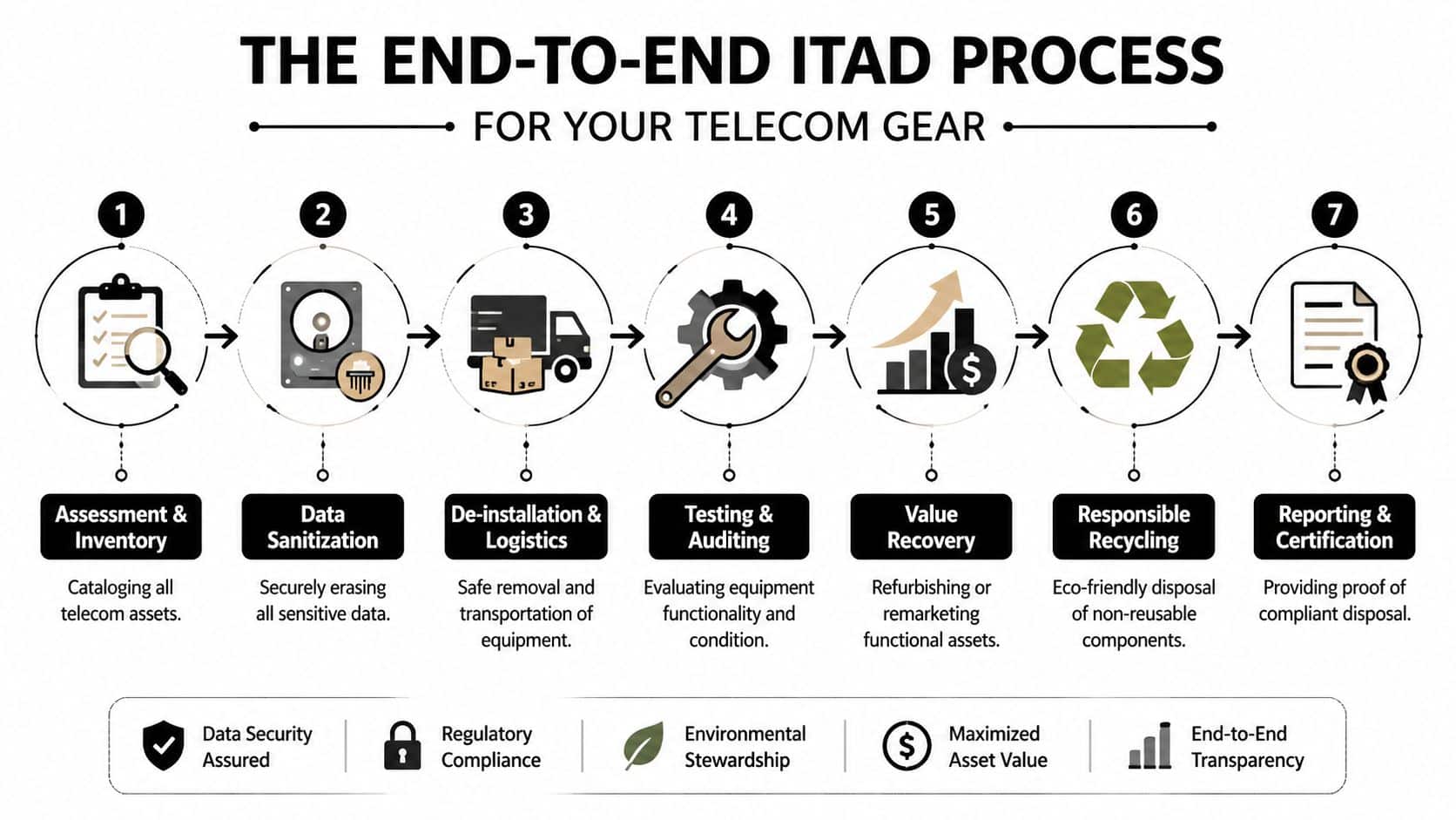 A 7-step infographic detailing the professional end-to-end ITAD process for telecom equipment disposal and management.