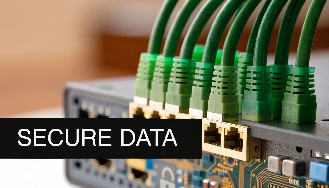 Close-up of green ethernet cables plugged into a network switch device for secure data transmission.
