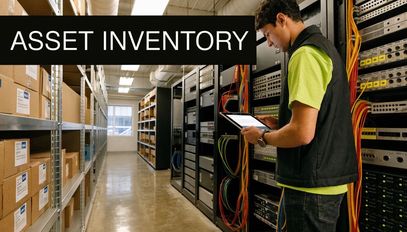 A technician using a tablet to conduct an asset inventory of server equipment in a data center.