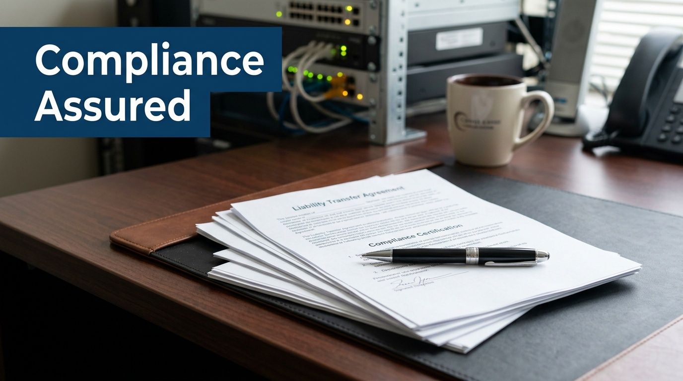 A stack of compliance documents with a black pen on a wooden office desk near server equipment.