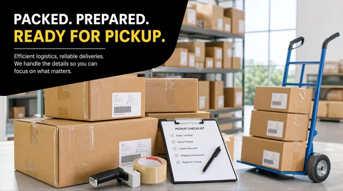A warehouse scene with stacked cardboard shipping boxes, a packing checklist, and a blue hand truck for logistics.