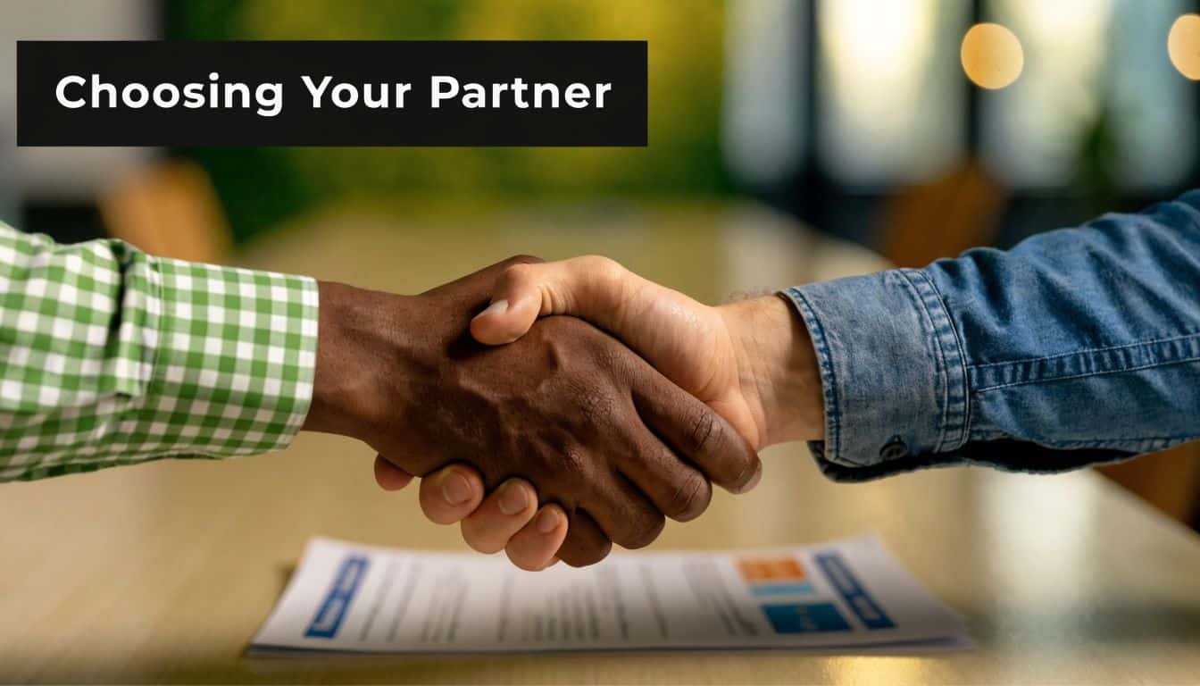 Two people shaking hands over a business document, symbolizing a partnership agreement or professional collaboration.