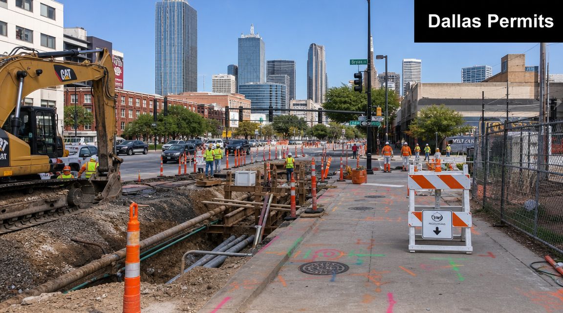 Construction crew works on telecom infrastructure upgrades on a sunny street in downtown Dallas.