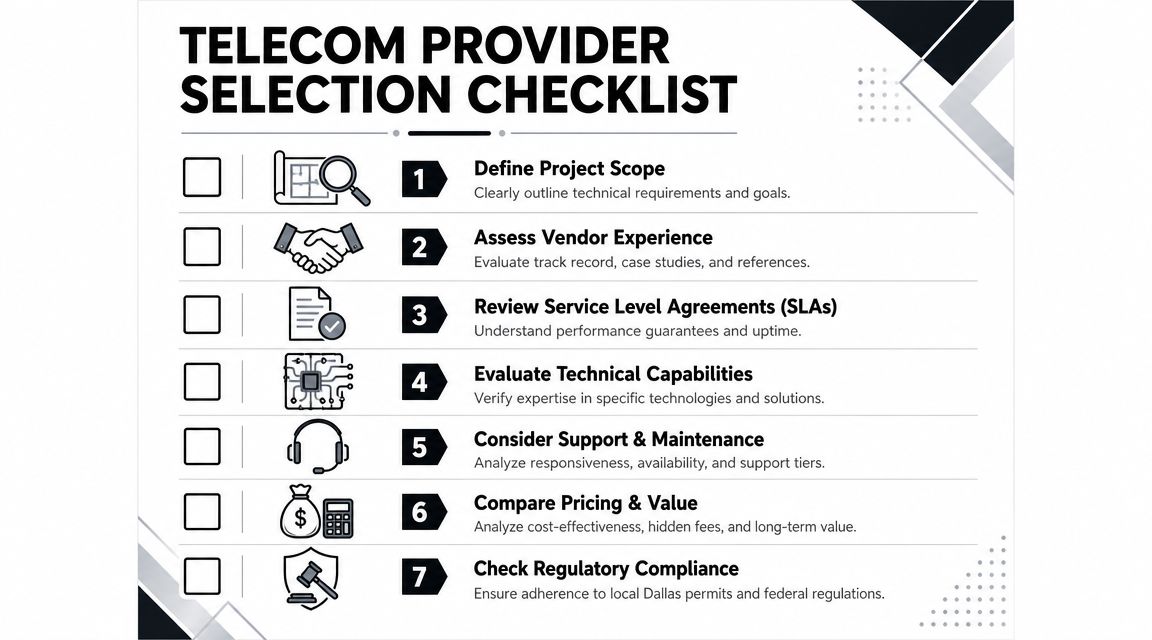 A checklist for selecting telecom providers featuring seven key steps from project definition to regulatory compliance.