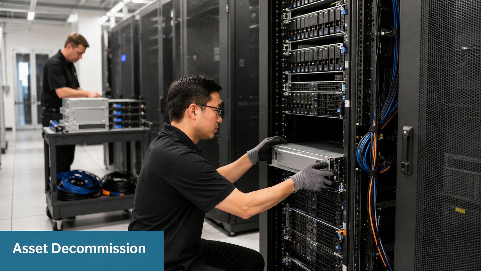 A data center technician removing a server unit from a rack for an asset decommissioning project.