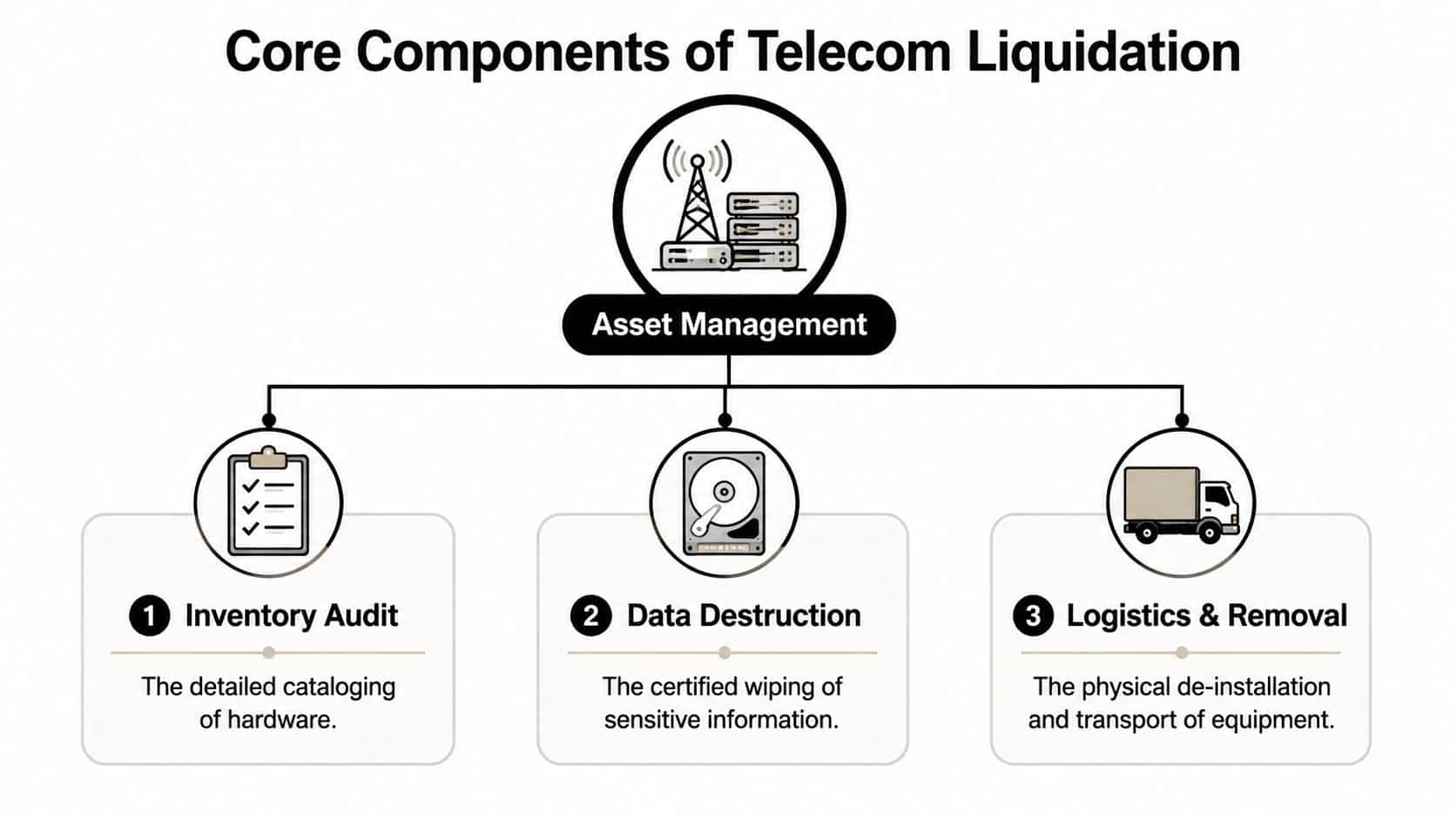 A diagram illustrating the three core components of telecom liquidation: inventory audit, data destruction, and logistics.