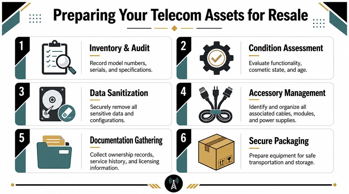 A six-step infographic detailing the essential steps to prepare used telecom network equipment for resale.