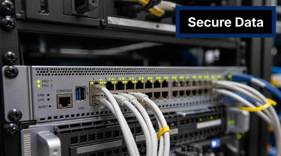 A close-up view of networking server equipment inside a rack with glowing indicator lights and connected ethernet cables.