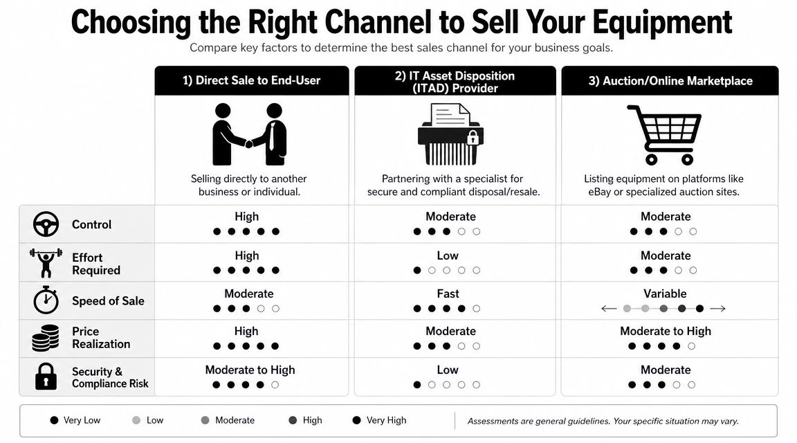 A comparison chart outlining the pros and cons of three IT equipment sales channels for business owners.
