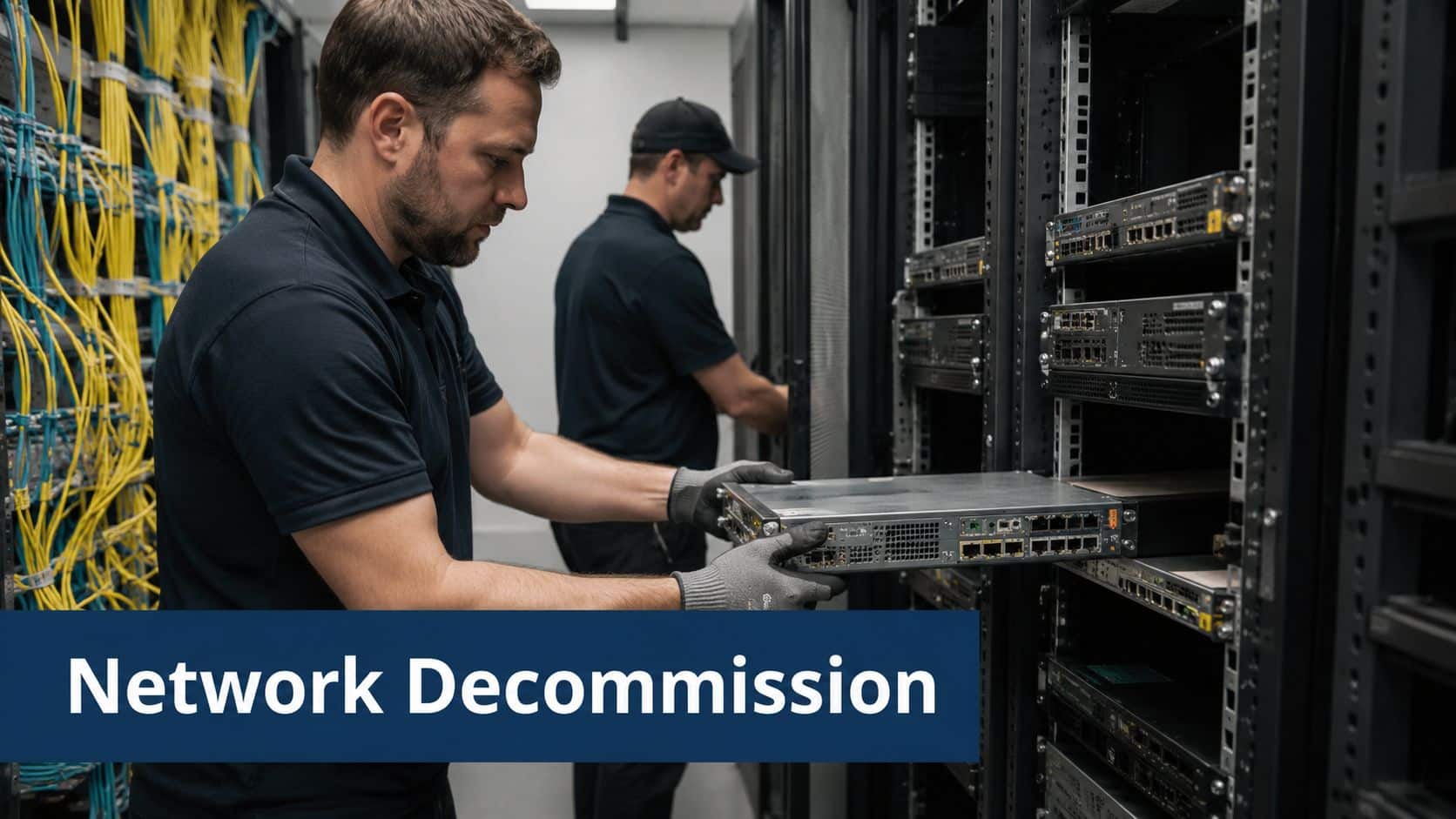 Two technicians working in a data center to decommission and remove network hardware from a server rack.