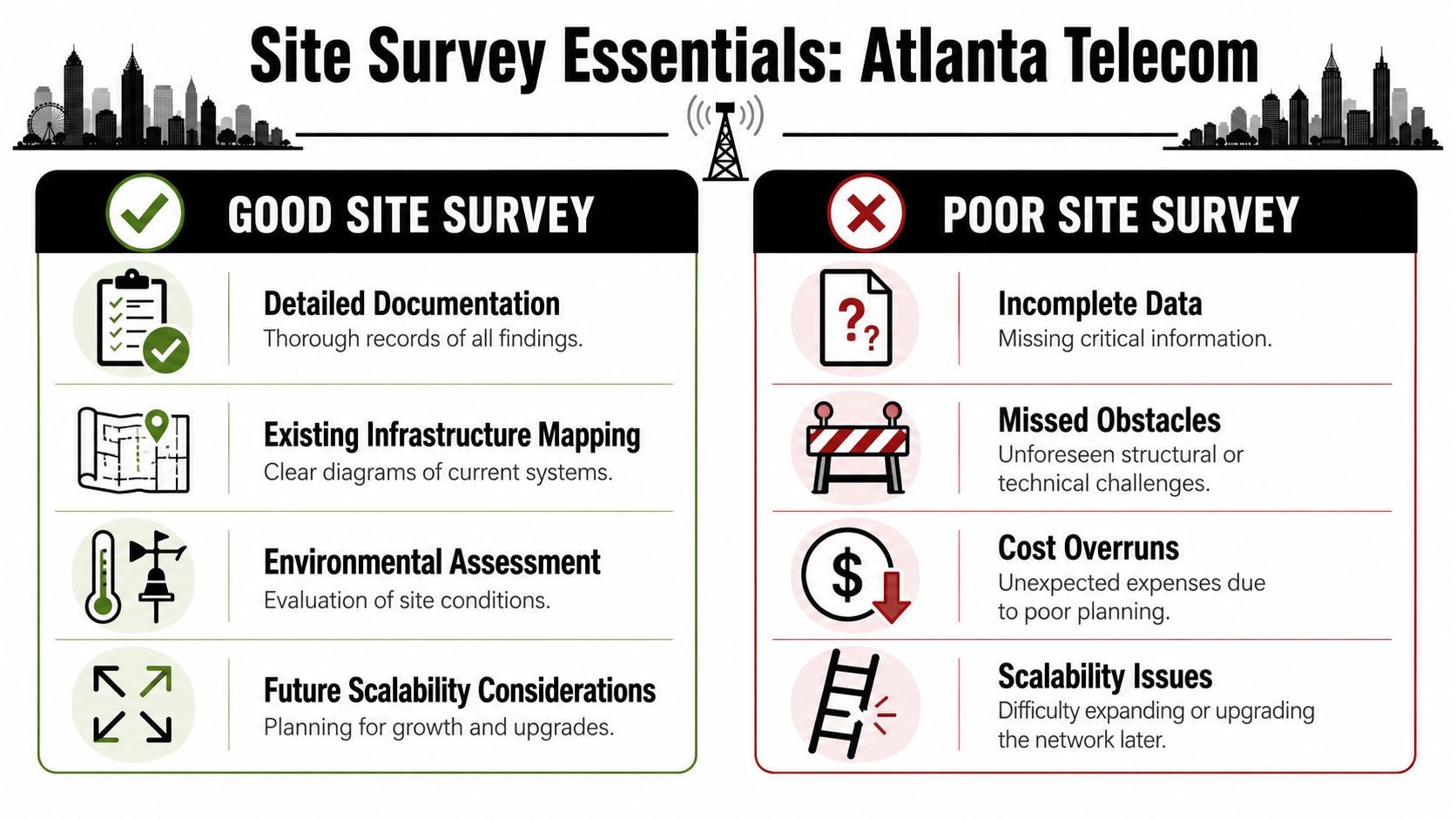 A comparative infographic showing the essential elements for a good versus poor telecom site survey process.