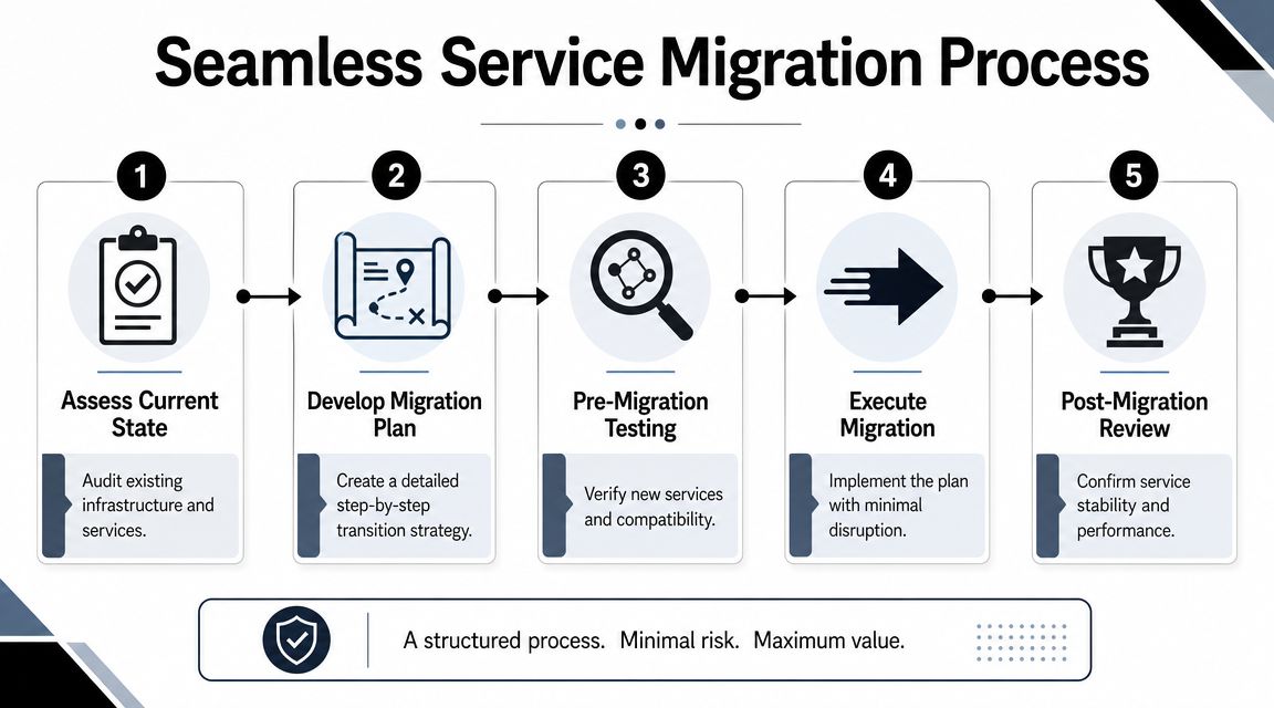 An infographic showing the five steps of a seamless service migration process for business infrastructure upgrades.