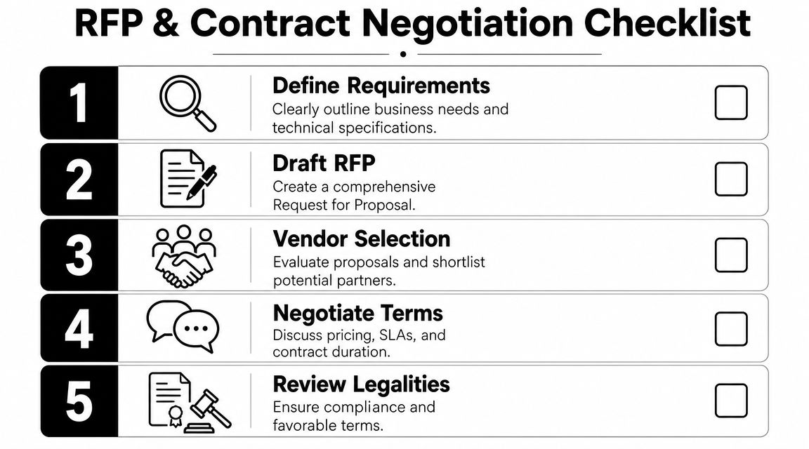 A five-step checklist for RFP and contract negotiation processes, from defining requirements to reviewing legalities.