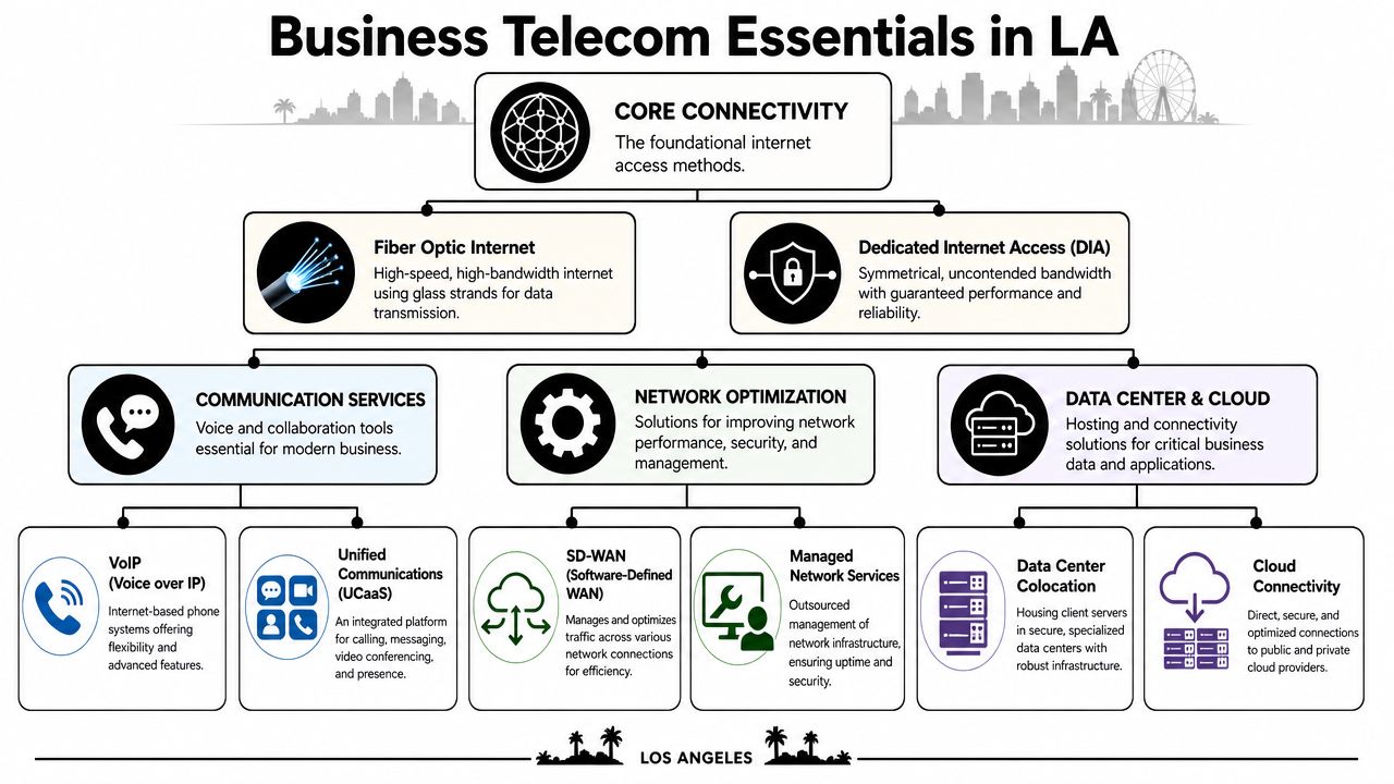 A comprehensive infographic illustrating essential business telecommunication services and infrastructure options available in Los Angeles.