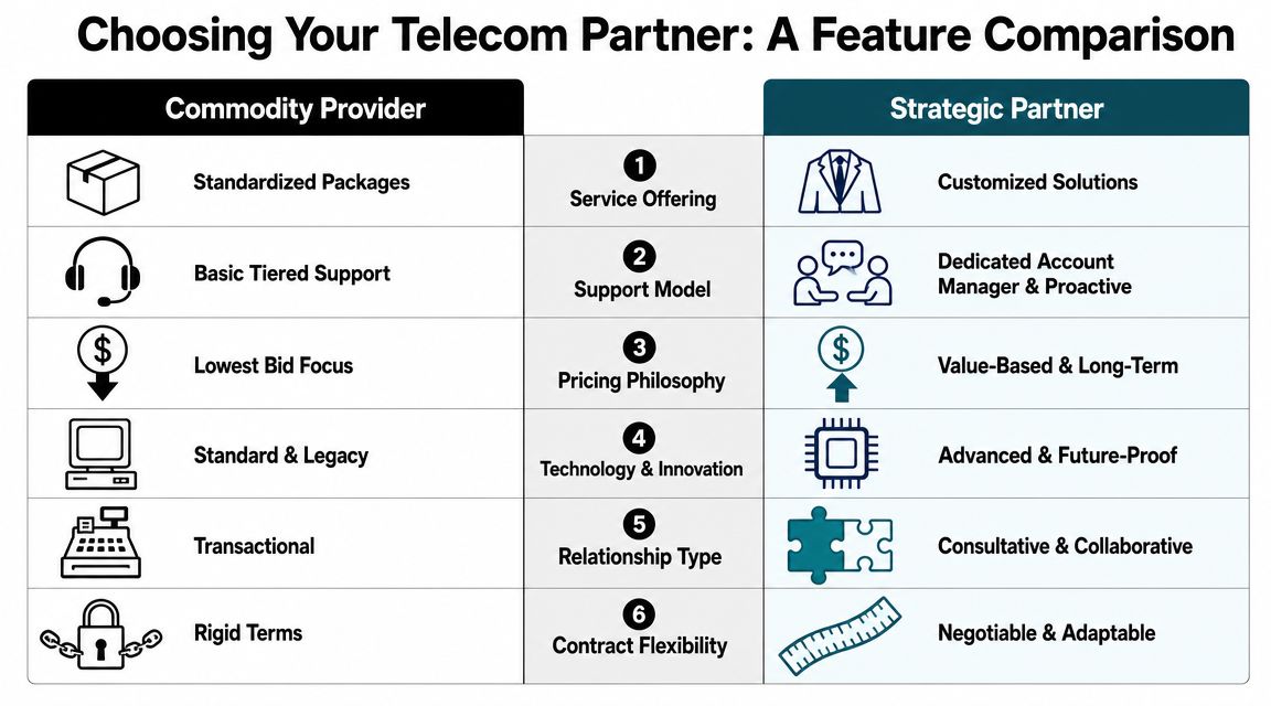 A comparison chart outlining differences between a commodity telecom provider and a strategic business partner.