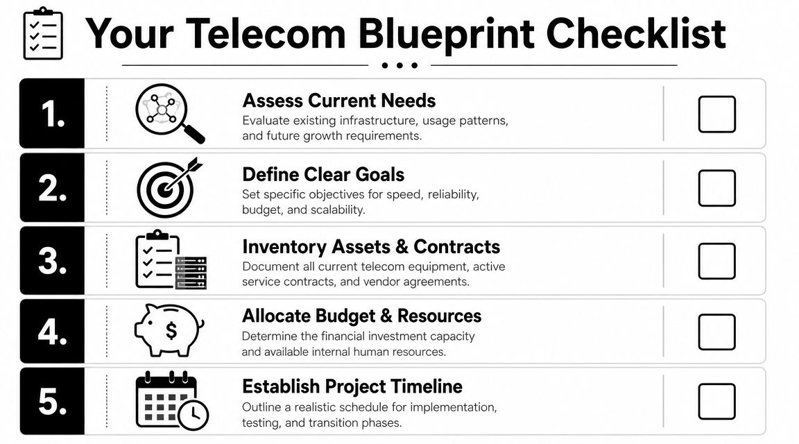 A five-step telecom blueprint checklist infographic illustrating steps for assessing needs, defining goals, and budget planning.