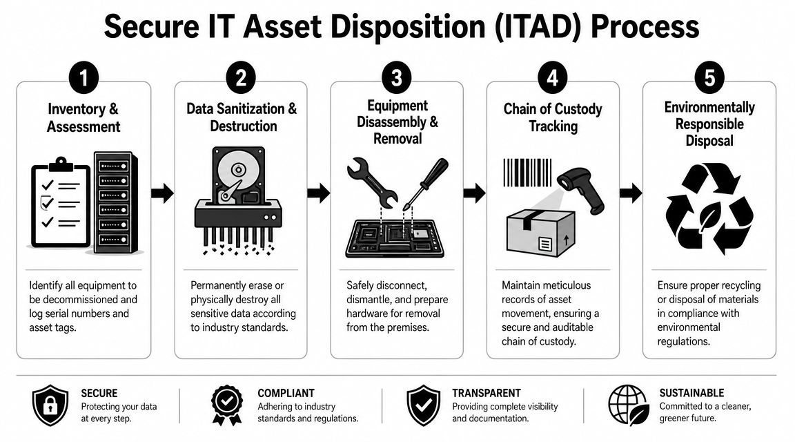 A five-step infographic showing the secure IT asset disposition process for decommissioned electronics and hardware.