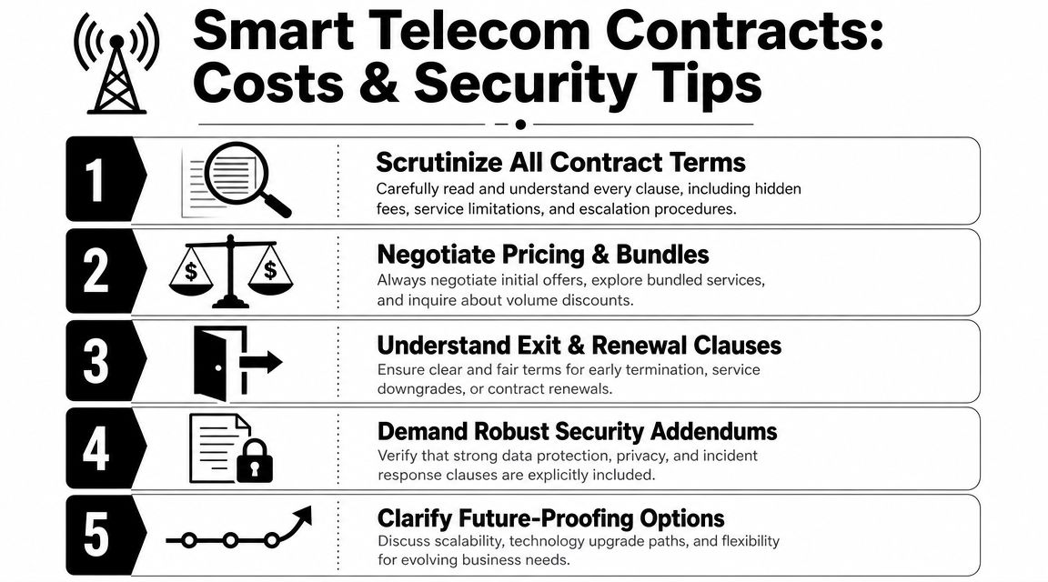 An infographic titled Smart Telecom Contracts outlining five essential tips for managing business telecommunication agreements effectively.