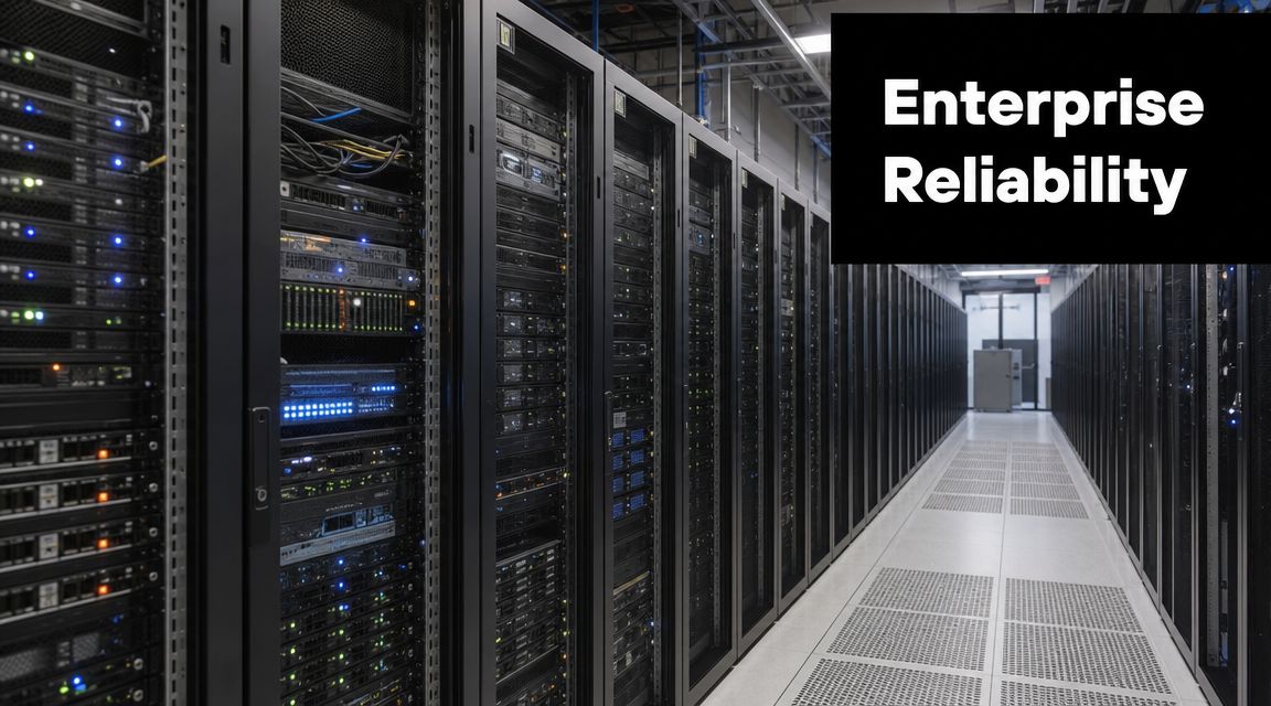 A long aisle of tall, black server racks in a modern data center with enterprise reliability label.