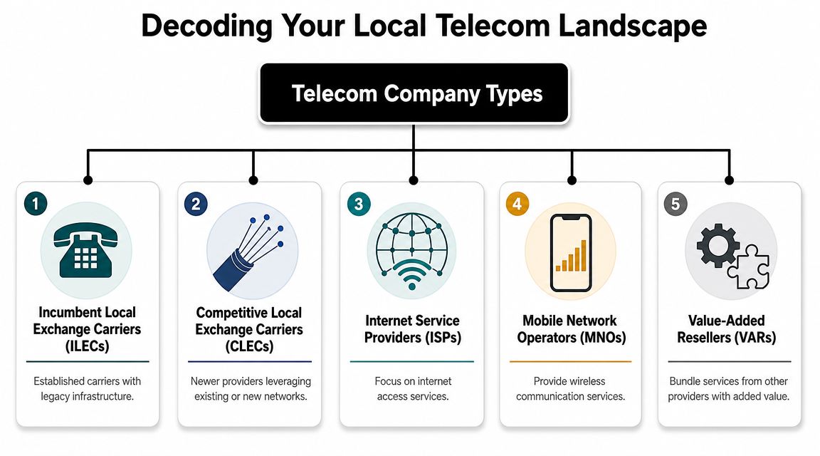 An infographic titled Decoding Your Local Telecom Landscape categorizing five distinct types of telecommunications companies.