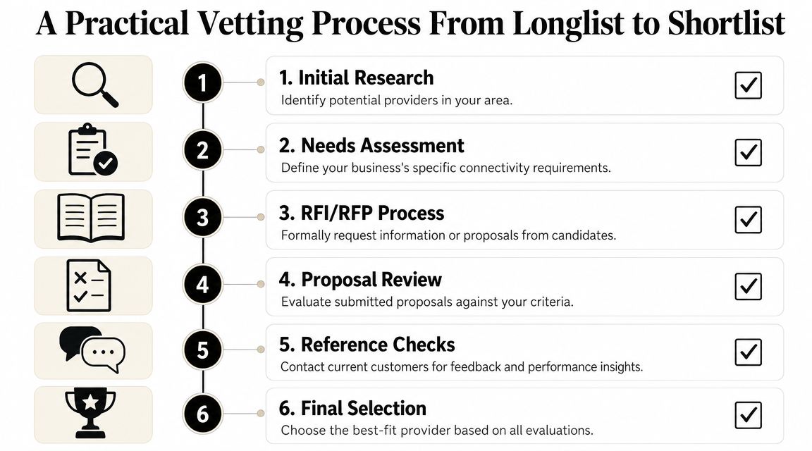 A six-step flow chart illustrating a practical vetting process from longlist to shortlist for business service providers.