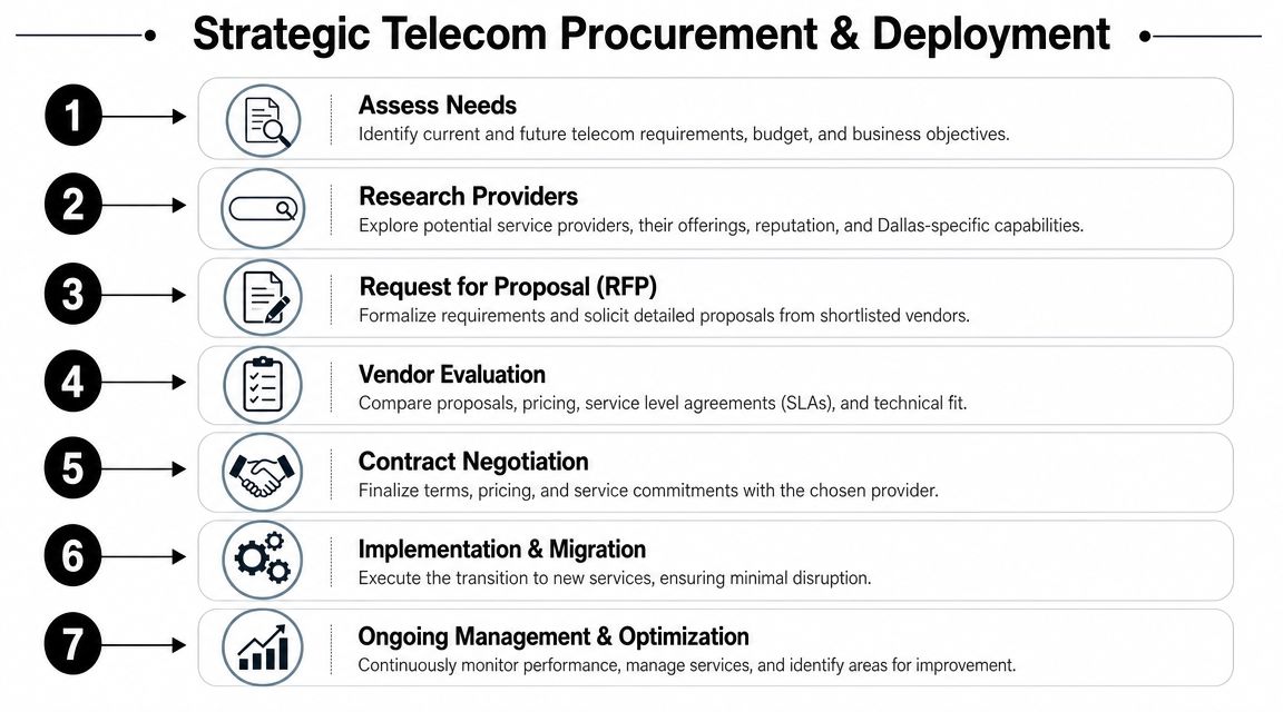 A seven-step flowchart illustrating the strategic process for telecom procurement and deployment for business infrastructure.