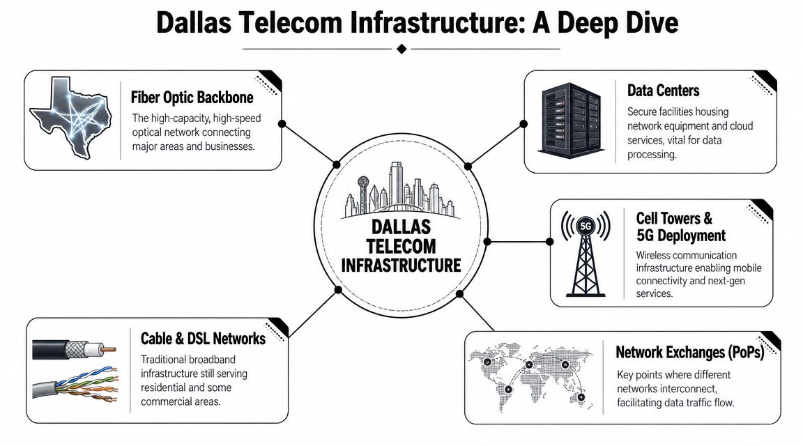 A diagram illustrating the key components of Dallas telecommunications infrastructure, including fiber, data centers, and networks.