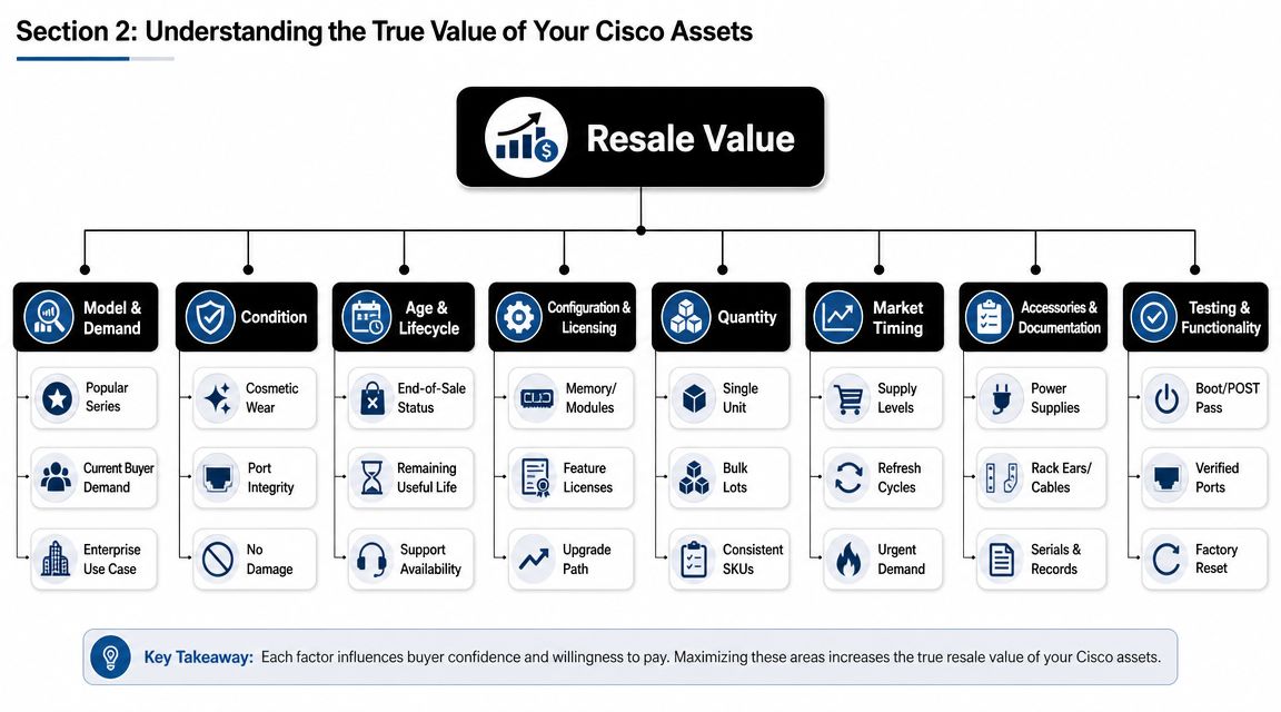 A chart showing key factors like condition, age, and testing that determine the resale value of Cisco equipment.