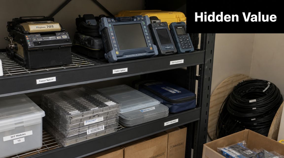Organized shelving unit storing various fiber optic testing equipment, fusion splicers, SFP modules, and cabling supplies in a warehouse.