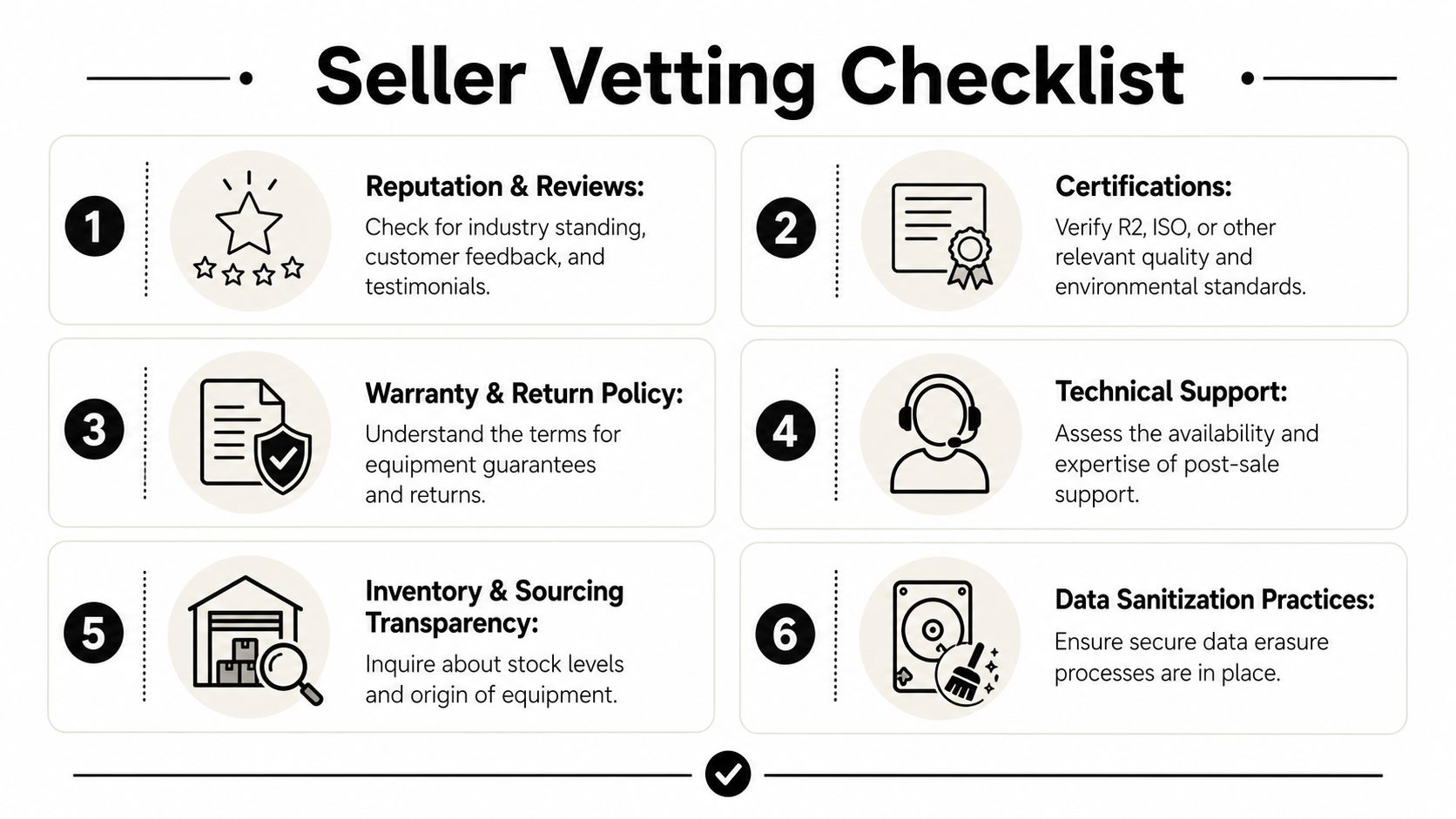 A six-point seller vetting checklist infographic for evaluating providers of used telecom equipment and electronics.