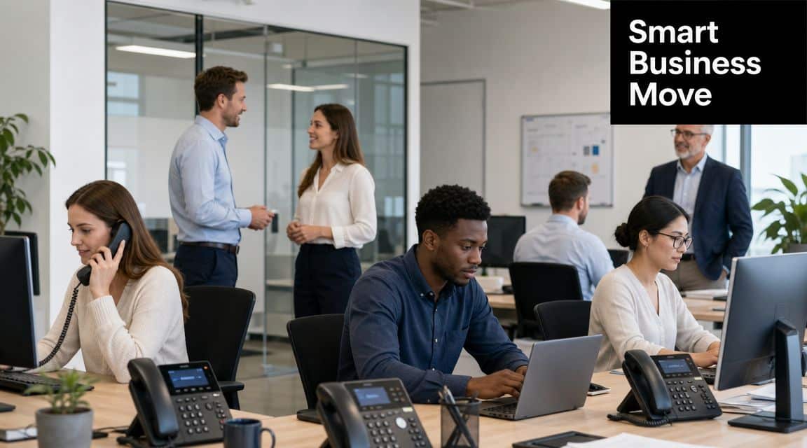 A professional team working in a modern, open-concept corporate office environment with employees using desk phones and computers.