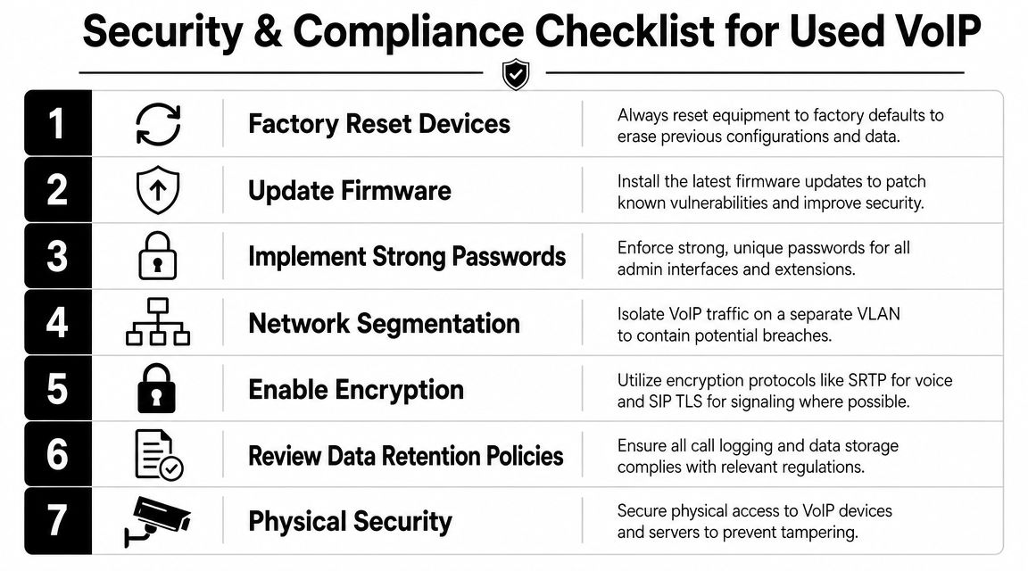 A checklist of seven security and compliance best practices for managing and securing used VoIP equipment.