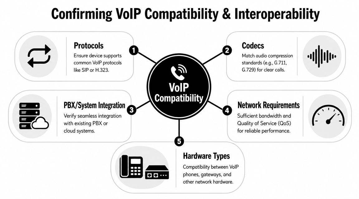 A diagram illustrating five key factors for ensuring VoIP compatibility and interoperability in communication systems.