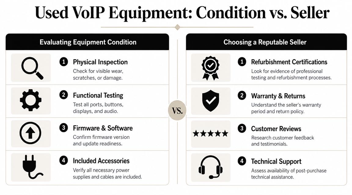 An infographic comparing the criteria for evaluating used VoIP equipment condition and choosing a reputable seller.