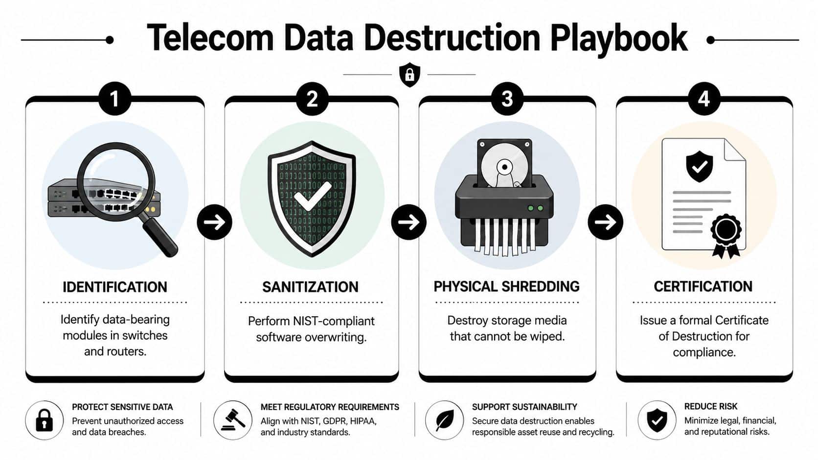 A four-step infographic showing the telecom data destruction process including identification, sanitization, shredding, and certification of assets.