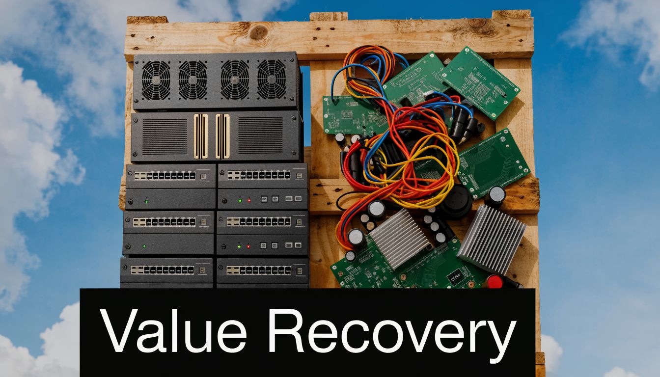 An array of used telecommunications and electronic hardware mounted on a wooden pallet against a cloudy sky.