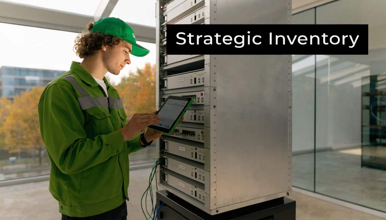 A technician in a green uniform using a tablet to inspect server rack hardware in an office.