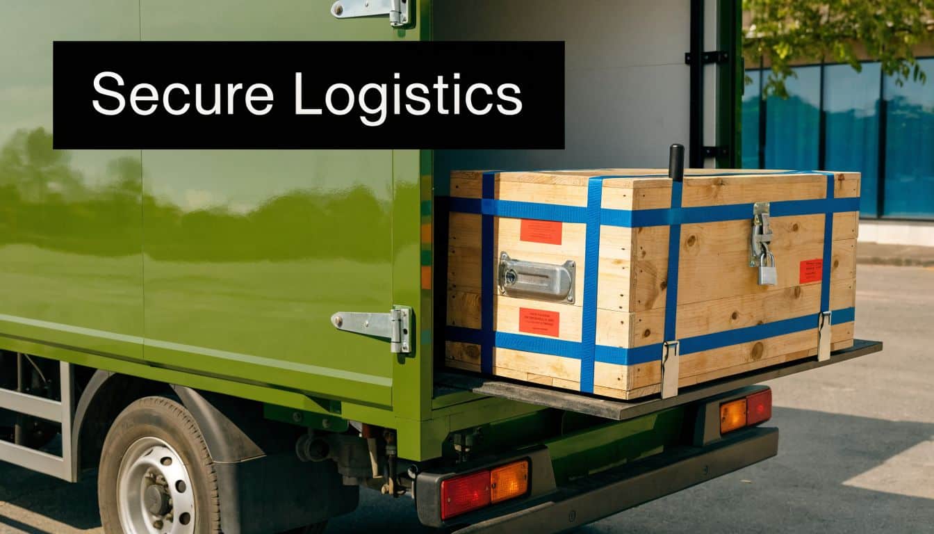 A secure wooden shipping crate secured on the back of a green logistics truck outdoors.