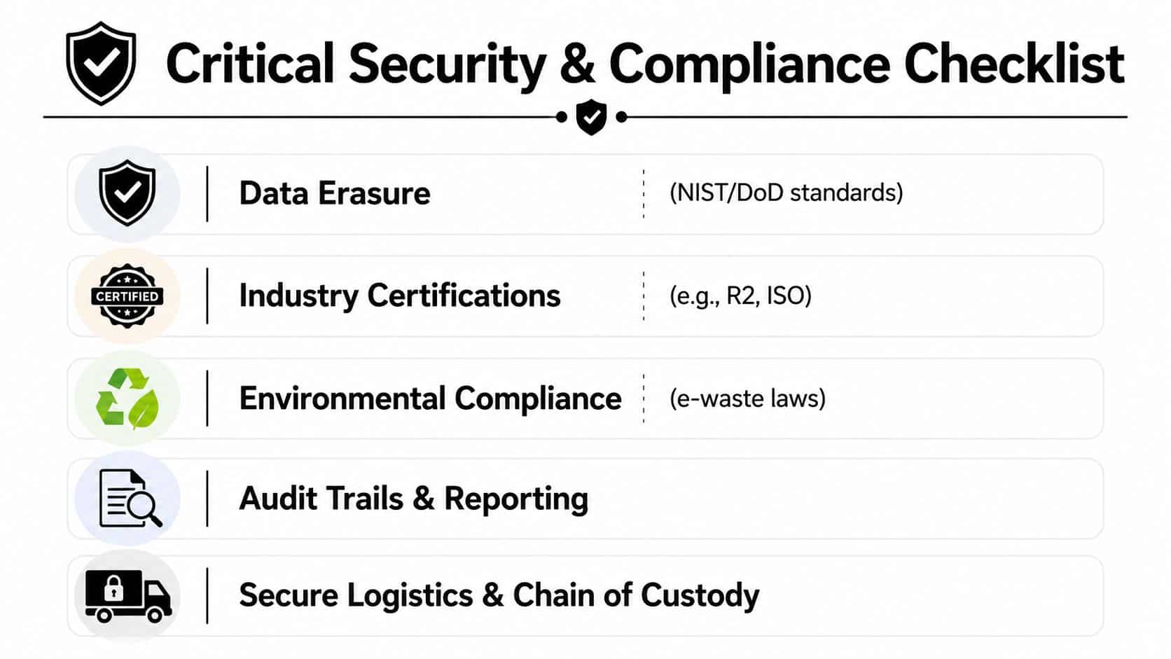 A checklist infographic outlining critical security and compliance standards for professional equipment disposal and data management.
