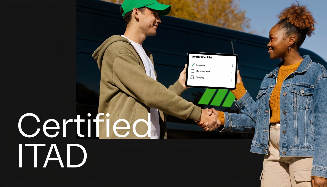 A professional shaking hands with a woman while holding a digital vendor checklist for IT assets.